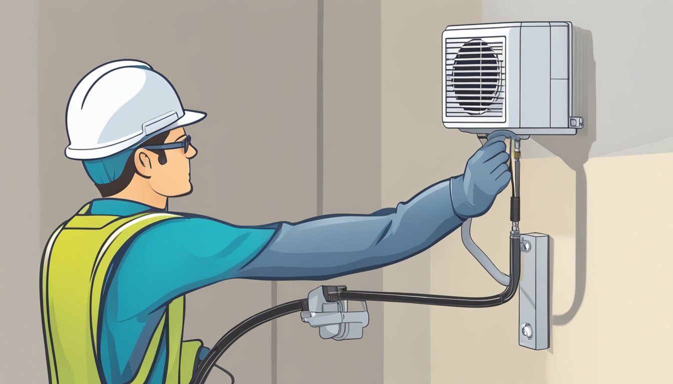 A technician installs a small air conditioner on a wall bracket, connecting the power and drainage lines. Regular maintenance includes cleaning the filter and checking for leaks