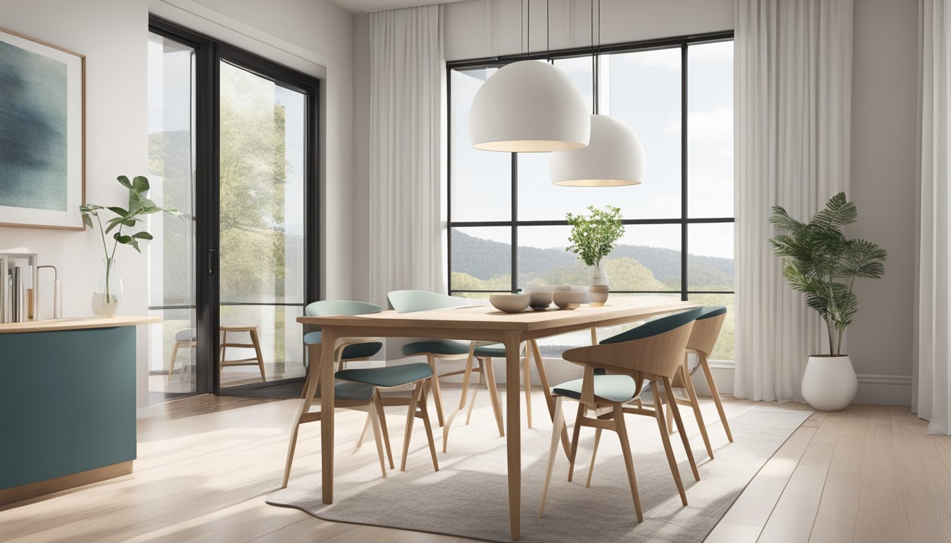 A sleek, minimalist Scandinavian dining chair sits against a backdrop of clean, modern lines and natural light, showcasing its elegant and functional design