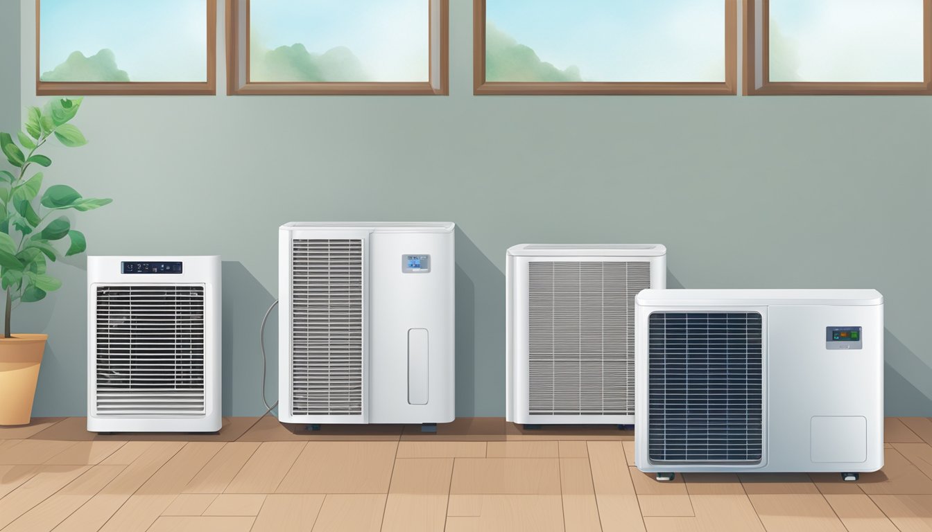 An air conditioner and dehumidifier sit side by side, emitting cool air and reducing moisture in the room