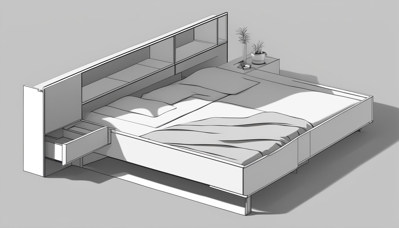 A sleek, modern queen size bed with built-in storage compartments, featuring clean lines and a minimalist aesthetic