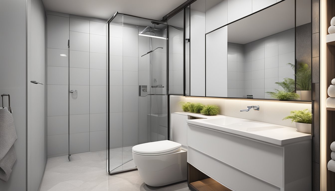A modern HDB bathroom with white tiles, a sleek toilet, a glass-enclosed shower, and a large mirror above the sink