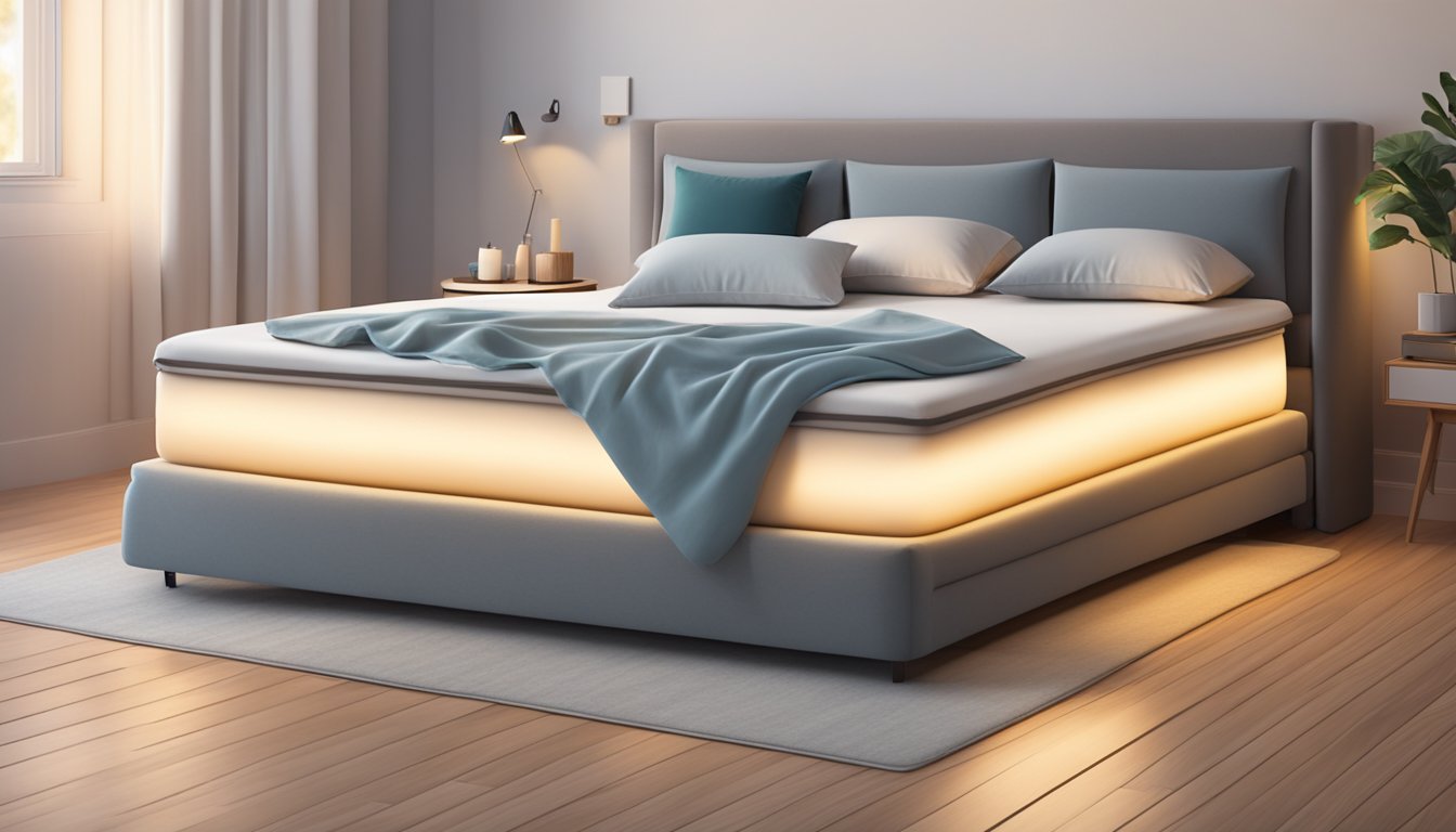 A 3-fold mattress lies on a wooden floor, surrounded by cozy blankets and pillows, with a soft glow from a nearby lamp