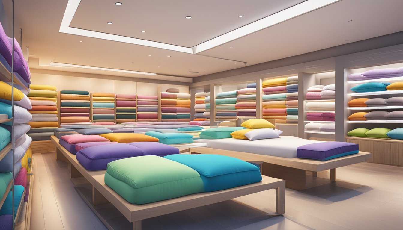 A brightly lit bed store in Singapore, with rows of neatly arranged mattresses and pillows, surrounded by colorful displays and signage