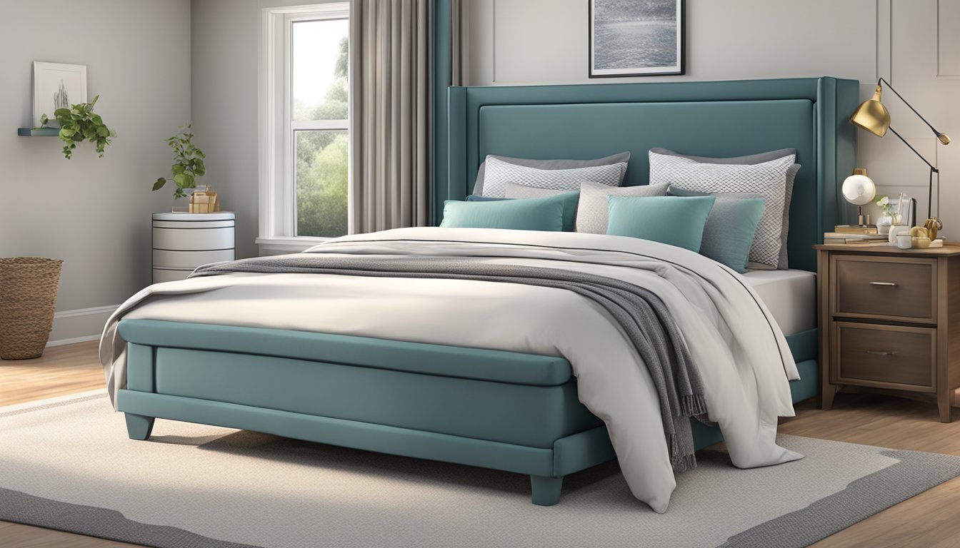 A queen size bed with built-in storage, neatly holding extra blankets and pillows