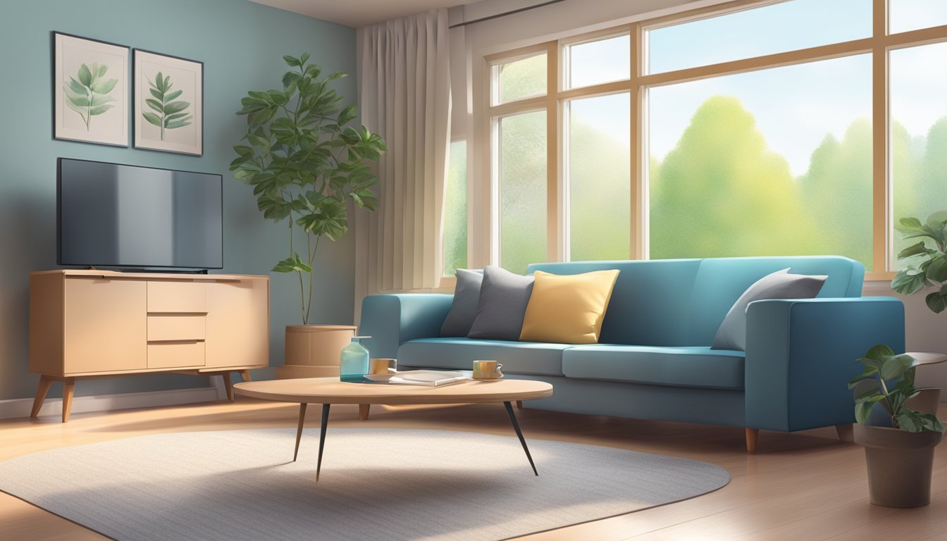 A modern living room with an air conditioner and dehumidifier running, creating a comfortable and healthy indoor environment