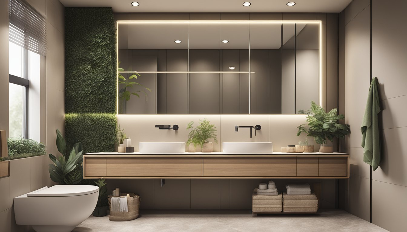 A modern HDB bathroom with sleek fixtures, a spacious shower area, and a large mirror above the sink. The color scheme is neutral with pops of greenery and warm lighting