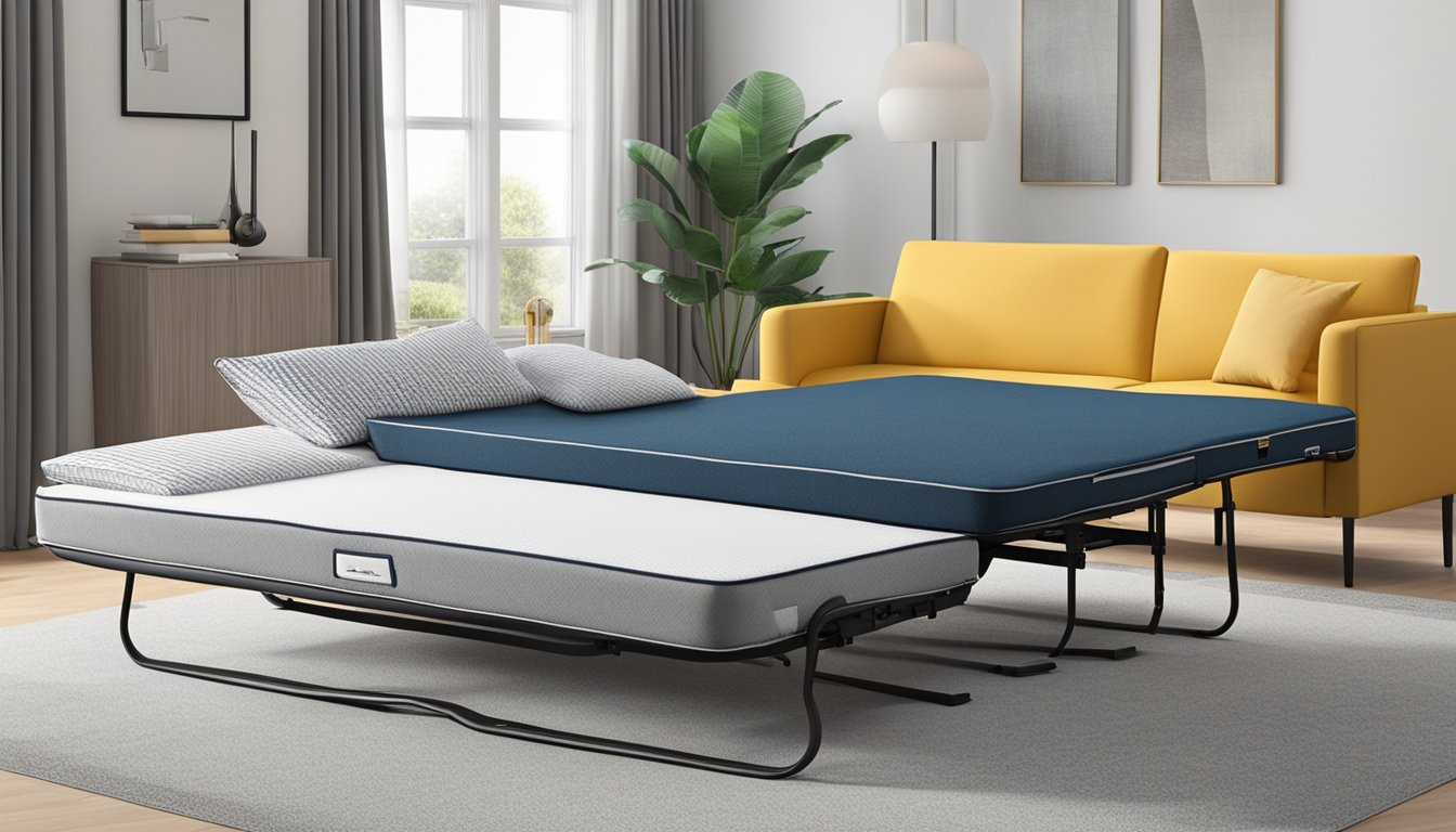 The 3 fold mattress is shown in a compact and versatile design, easily transforming from a sofa to a bed. Its features include a durable and comfortable material, making it suitable for various uses