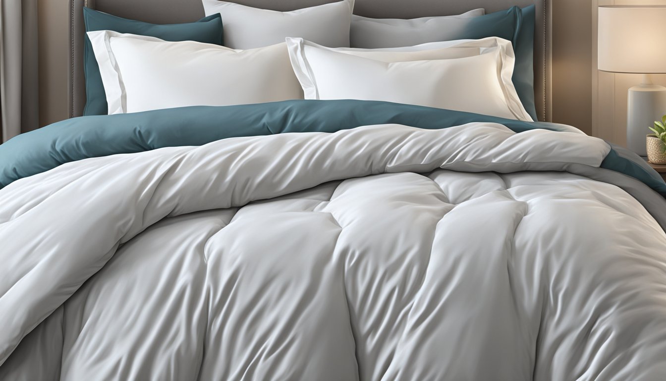 A duvet and comforter lay side by side on a neatly made bed, showcasing their different textures and thickness