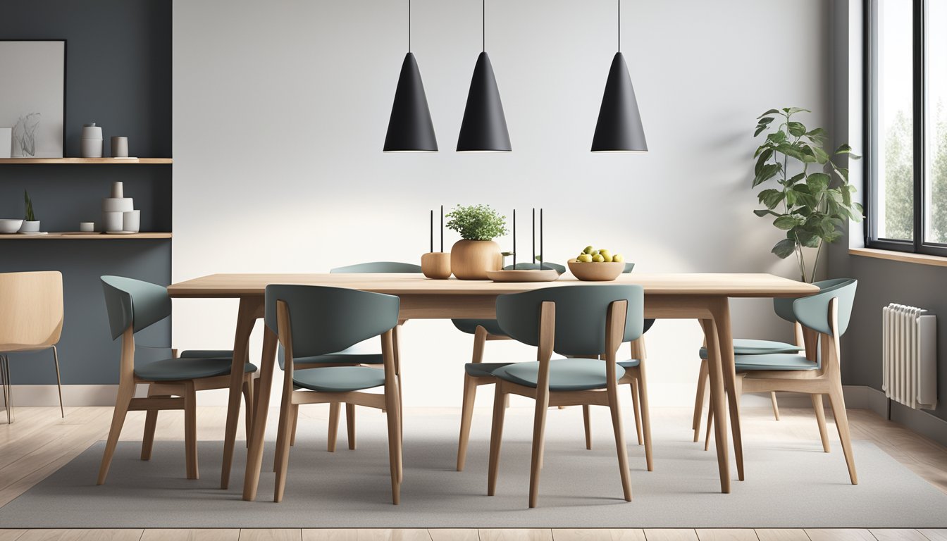 A group of Scandinavian dining chairs arranged neatly around a sleek, modern table in a minimalist, well-lit dining room