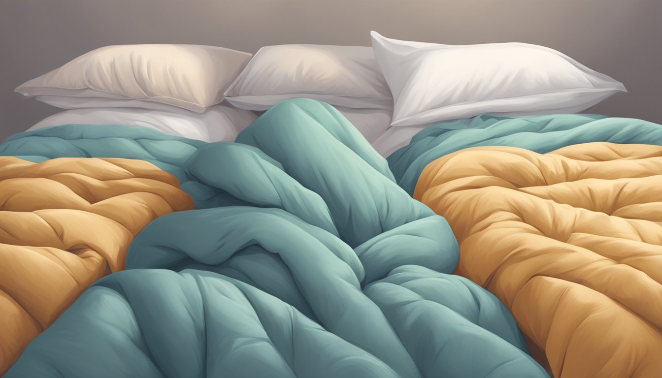 A person stands between a duvet and a comforter, looking back and forth, trying to decide which to choose. The duvet is fluffy and soft, while the comforter is thick and cozy