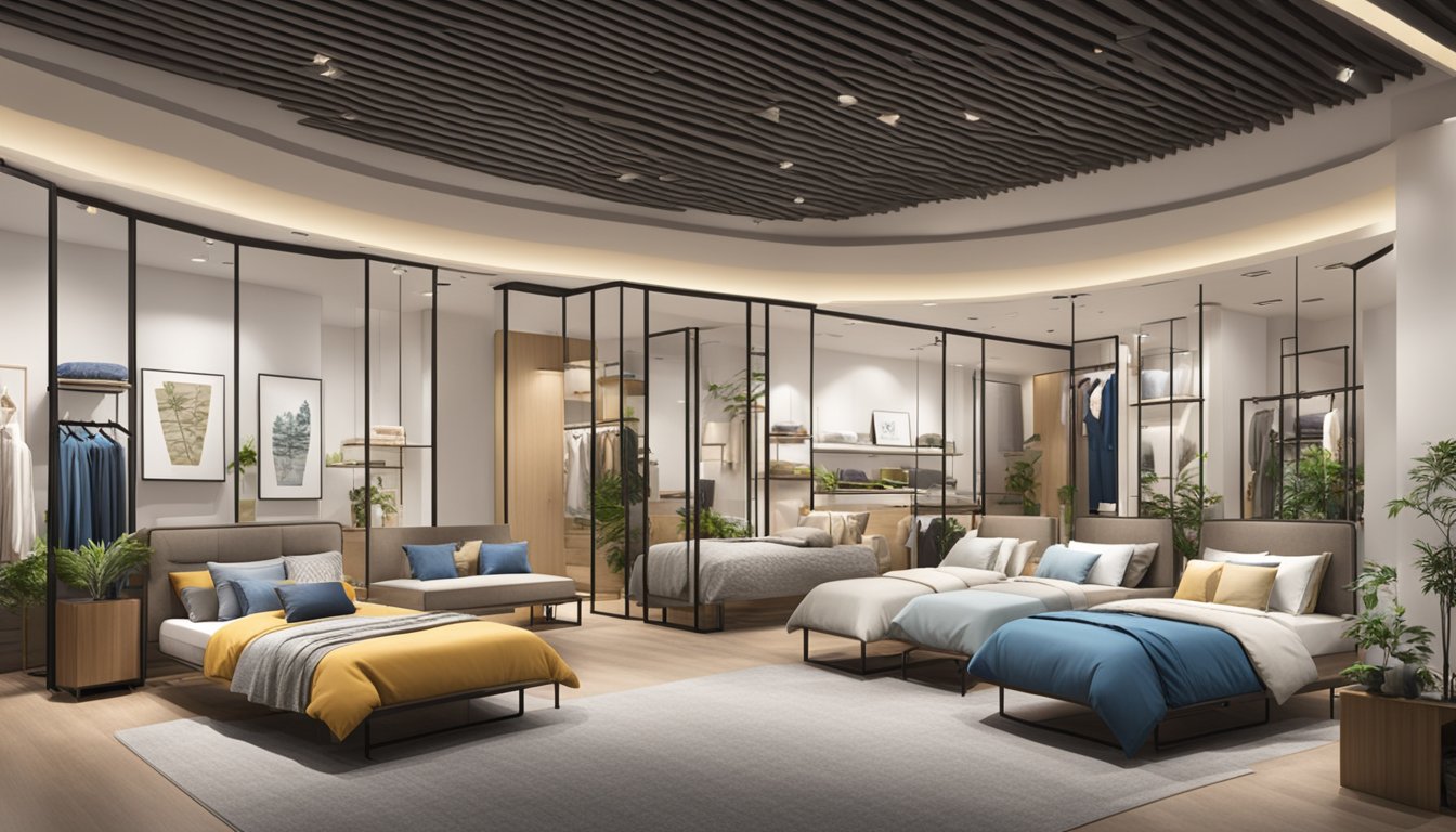 A bright, spacious showroom with rows of neatly made beds, showcasing various styles and designs. A sign with "Why Choose Us? bed store singapore" hangs above the entrance
