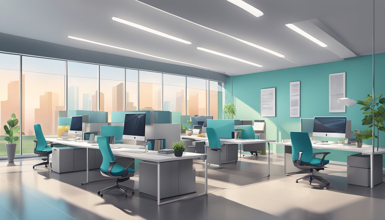 A sleek, modern office space with minimalist decor and a cool color palette. The room is filled with energy-efficient lighting and eco-friendly furniture