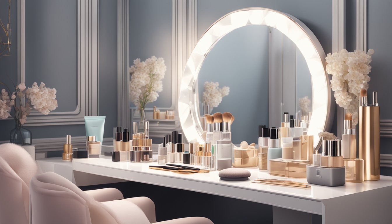 A sleek dressing table with a large mirror, surrounded by cosmetics and jewelry in a well-lit room