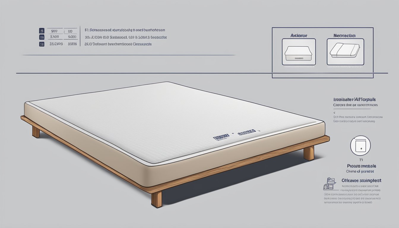 A 3-fold mattress lying flat on a wooden platform, with dimensions and purchase details displayed in clear, bold lettering