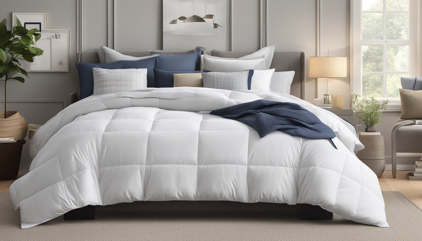 The duvet and comforter are displayed side by side, with labels and price tags visible. The room is well-lit and inviting