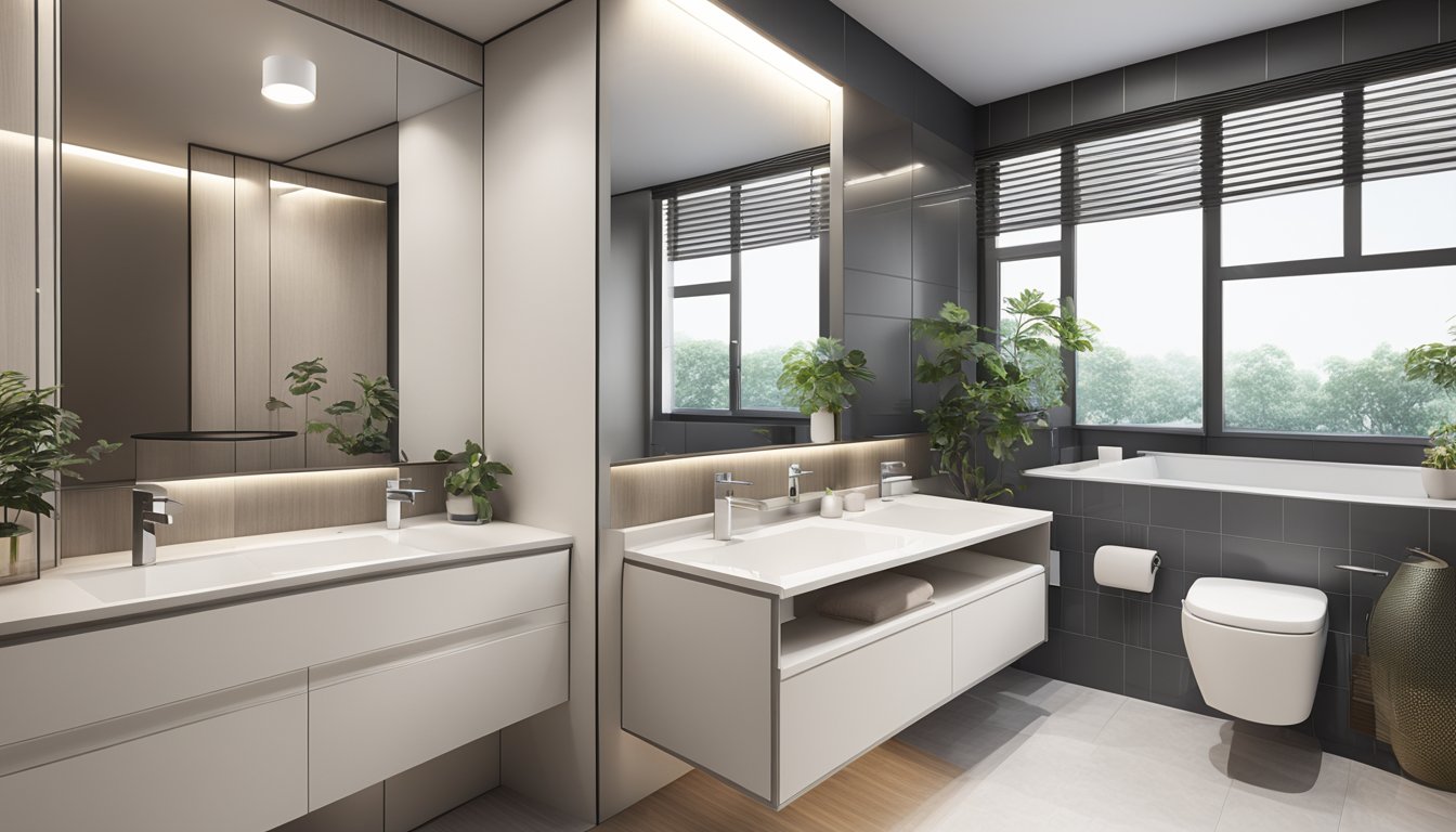 A clean and modern HDB bathroom with sleek fixtures and ample storage space