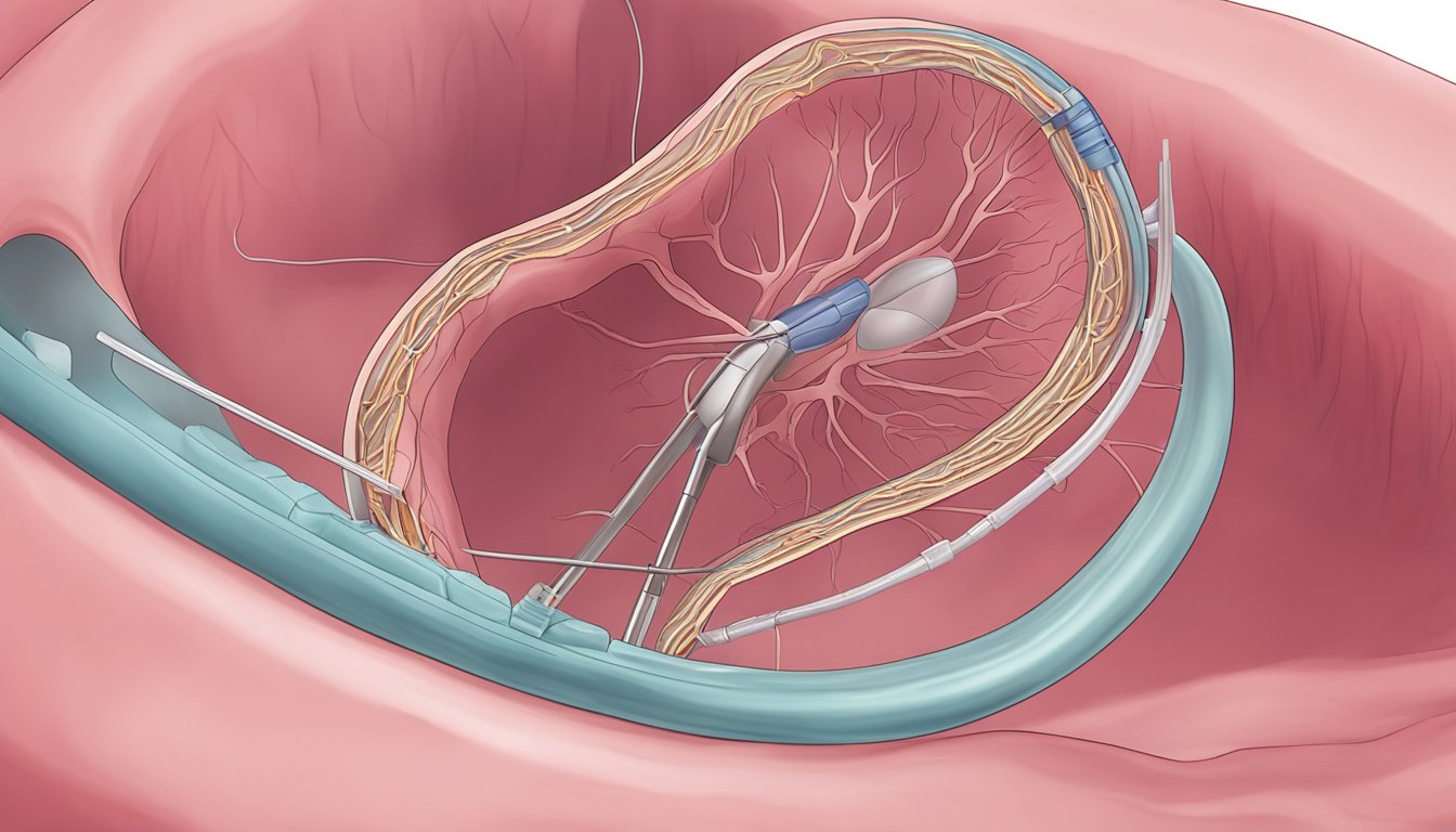 A heart stent being inserted into a coronary artery during an angioplasty procedure