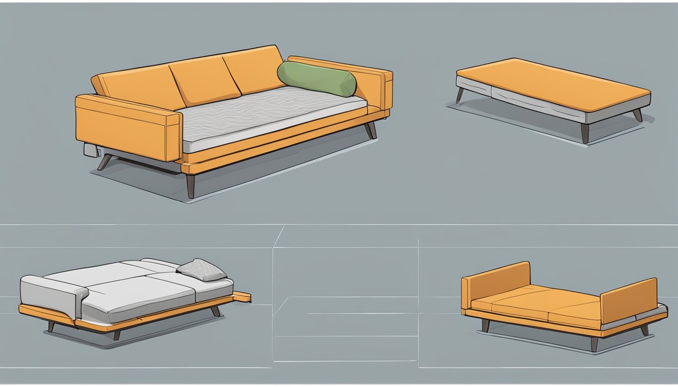 A sofa bed with storage is opened to reveal hidden compartments. Pillows and blankets are neatly stored inside, showcasing the versatility of the furniture piece