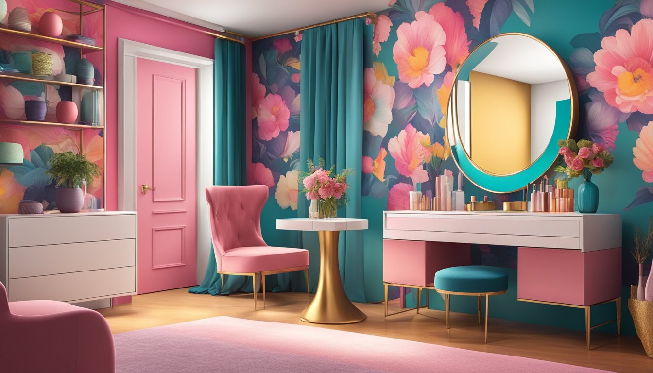 A sleek, modern dressing table with a large, illuminated mirror stands against a backdrop of vibrant, colorful wallpaper, showcasing various storage compartments and elegant design details