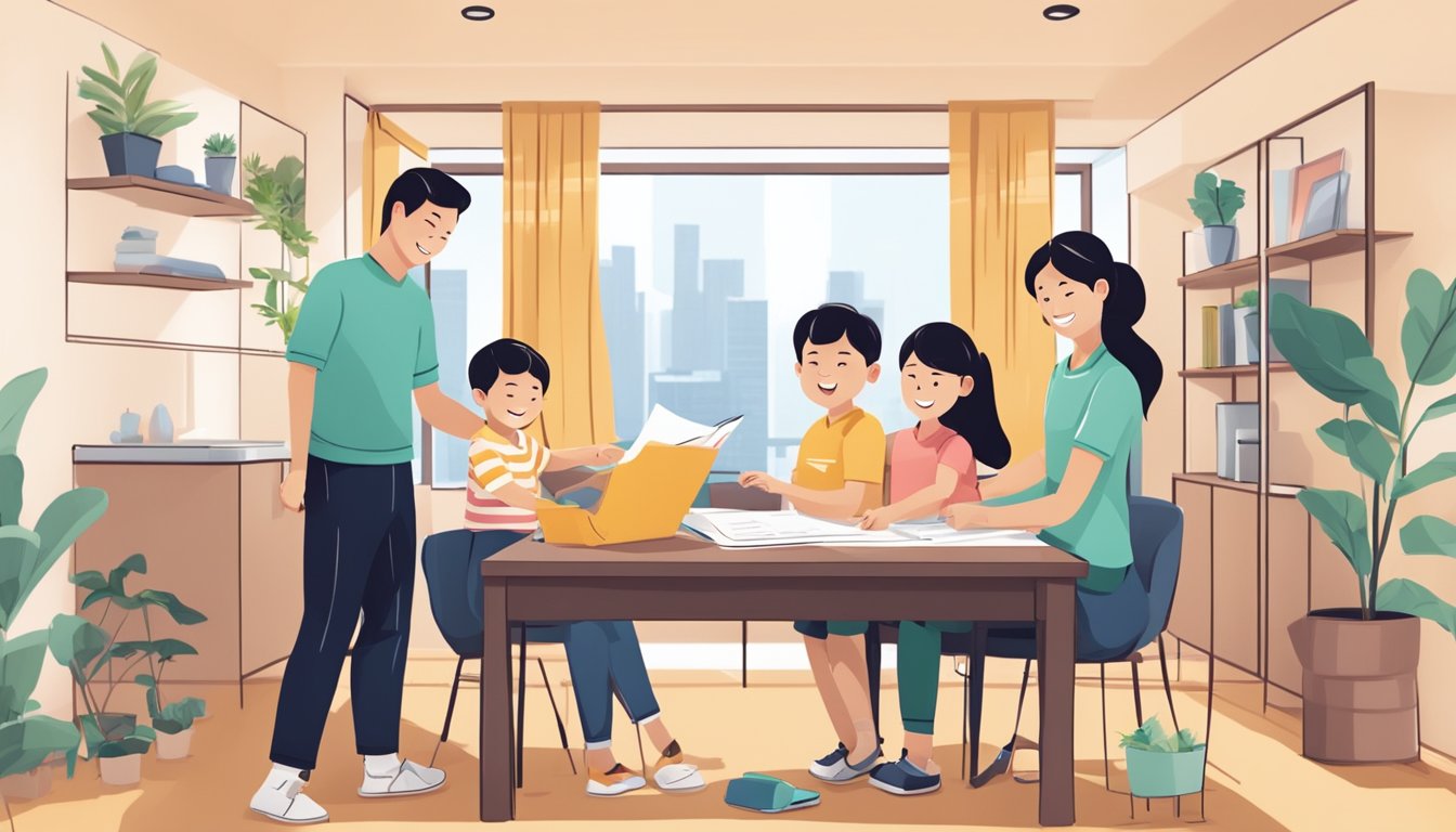 A family happily moves into their new HDB flat in Singapore, signing documents for a DBS New Home Loan