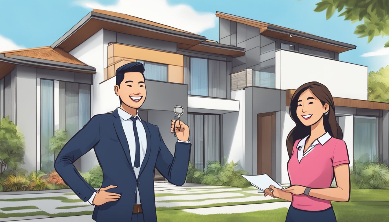 A couple stands in front of a modern house, holding a set of keys and smiling. A real estate agent gestures towards the property, with a sign advertising the DBS New Home Loan in the foreground