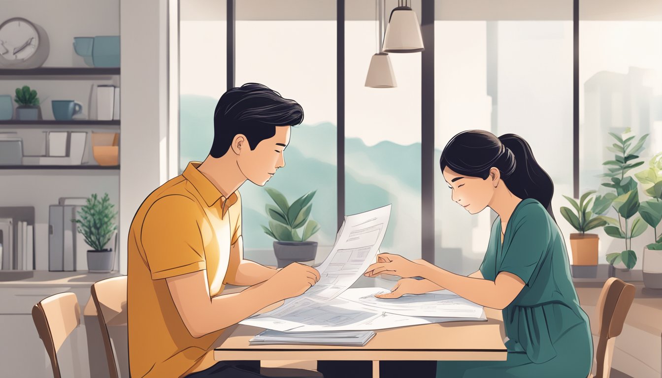 A couple sits at a table reviewing paperwork for a DBS Home Equity Income Loan in Singapore. The room is filled with natural light, and the couple appears engaged and satisfied with the process