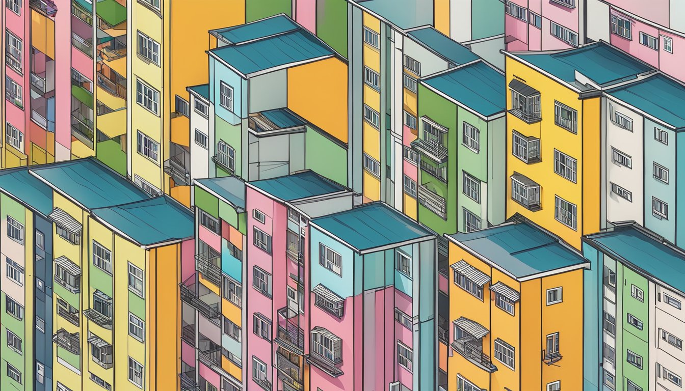 A bird's eye view of a row of colorful HDB flats in Singapore, with a clear view of the DBS logo on a signboard