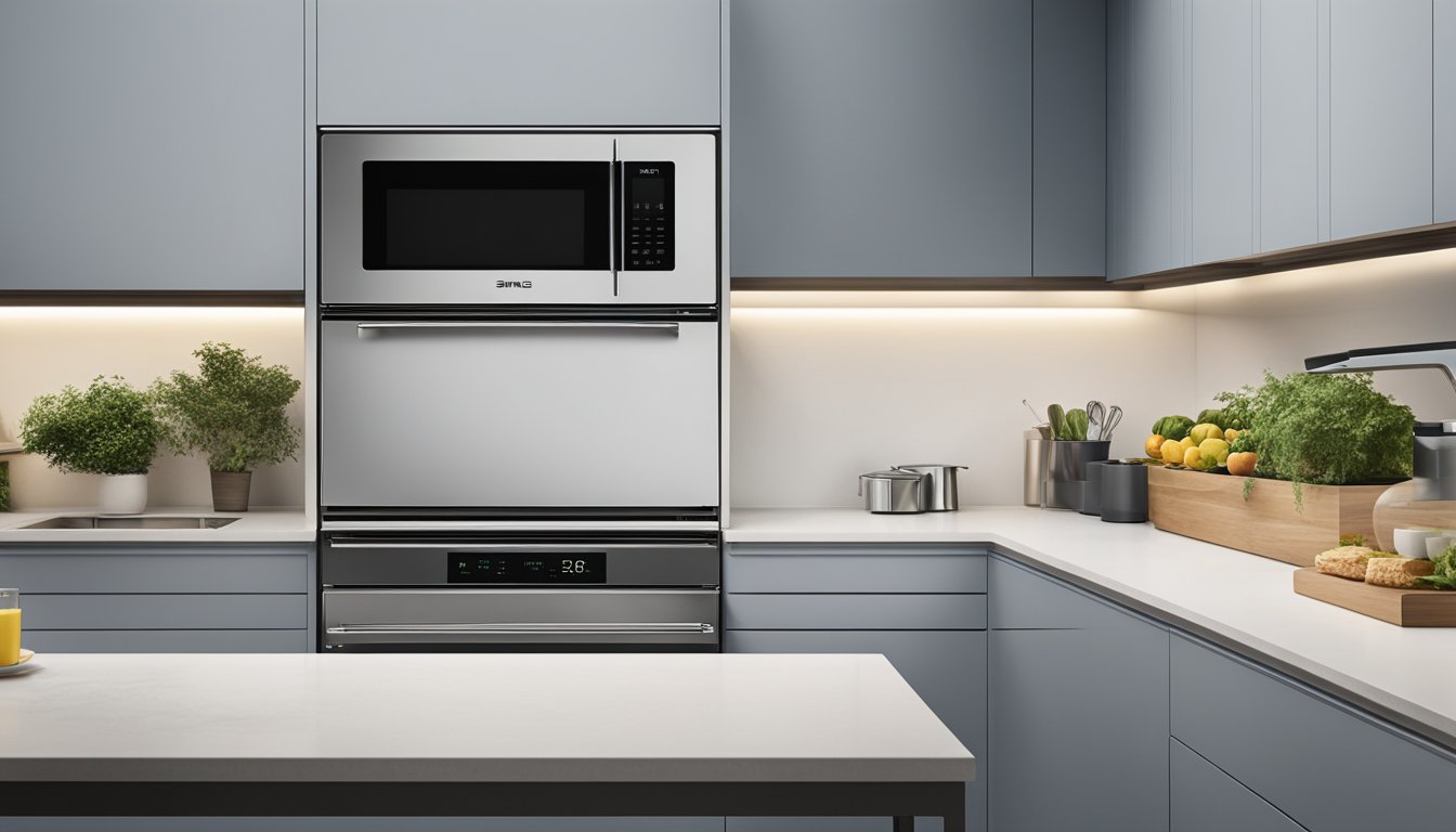 A smeg microwave sits on a clean, modern kitchen countertop, its sleek design and chrome finish catching the light. The digital display glows softly, indicating that it's in use