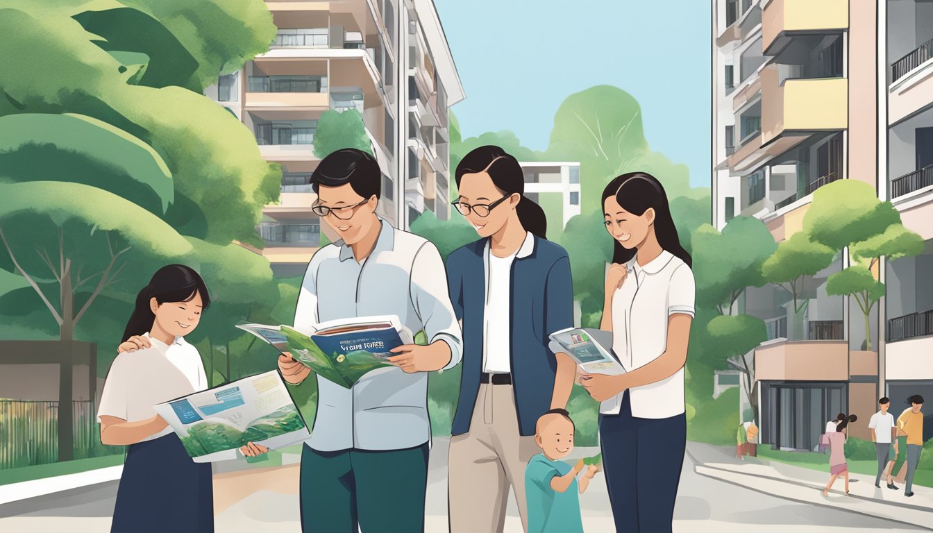 A family stands outside a HDB flat, looking at a brochure for DBS Home Loans. The building is surrounded by greenery, with a sense of community