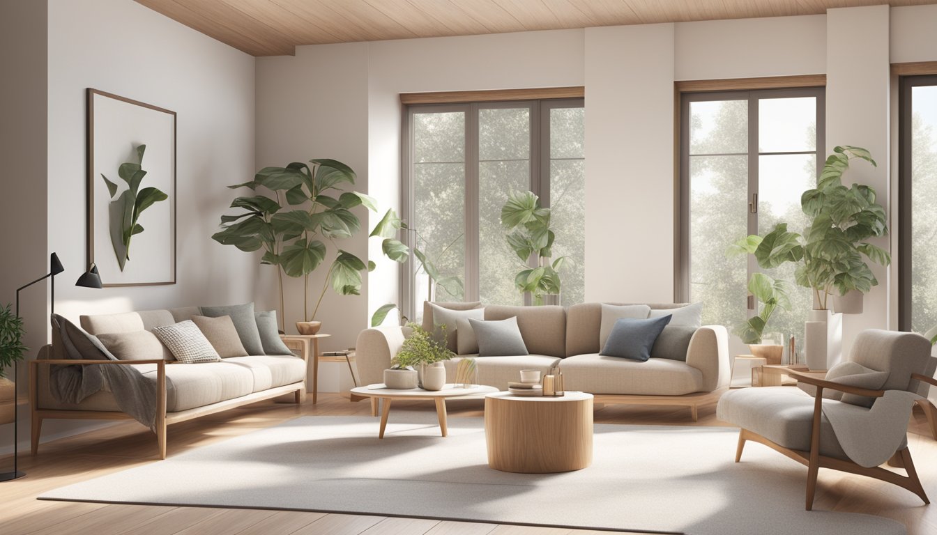 A cozy living room with minimalist furniture, natural light, and neutral colors. Wood accents and clean lines create a modern Scandinavian interior design
