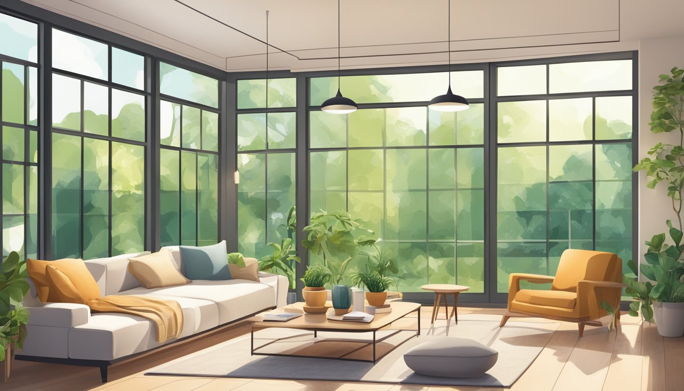 A cozy living room with a large window overlooking a lush green garden. A modern and eco-friendly home with sustainable features