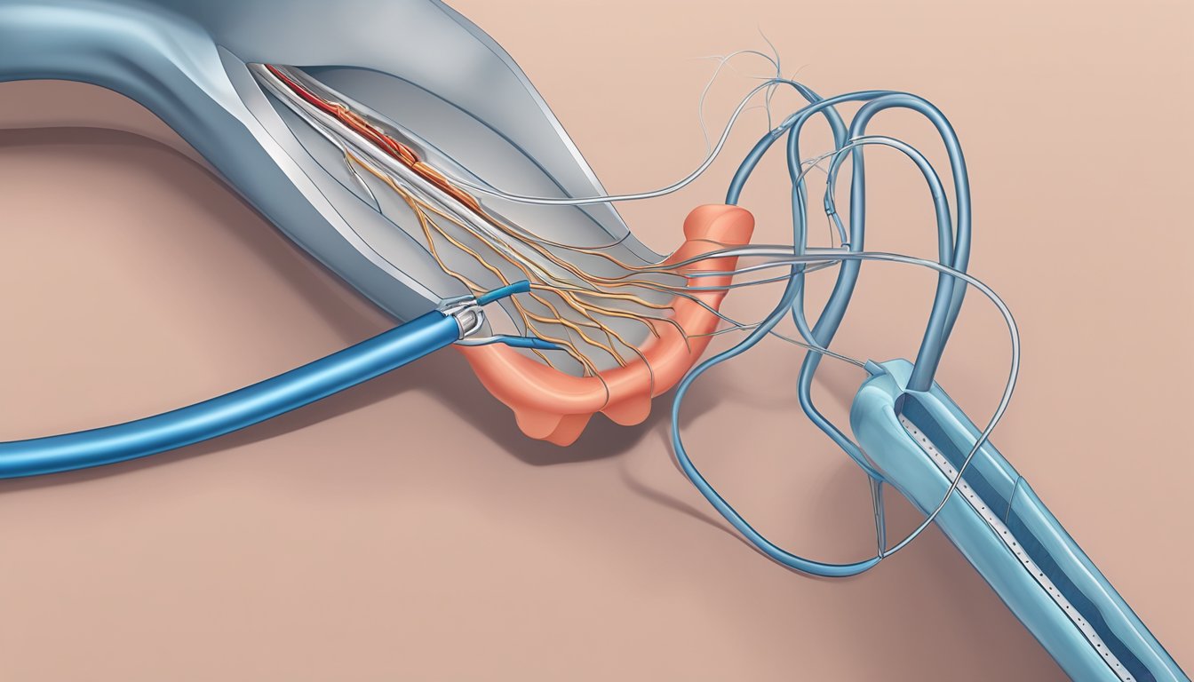 A catheter guides a stent into a heart artery, expanding to restore blood flow