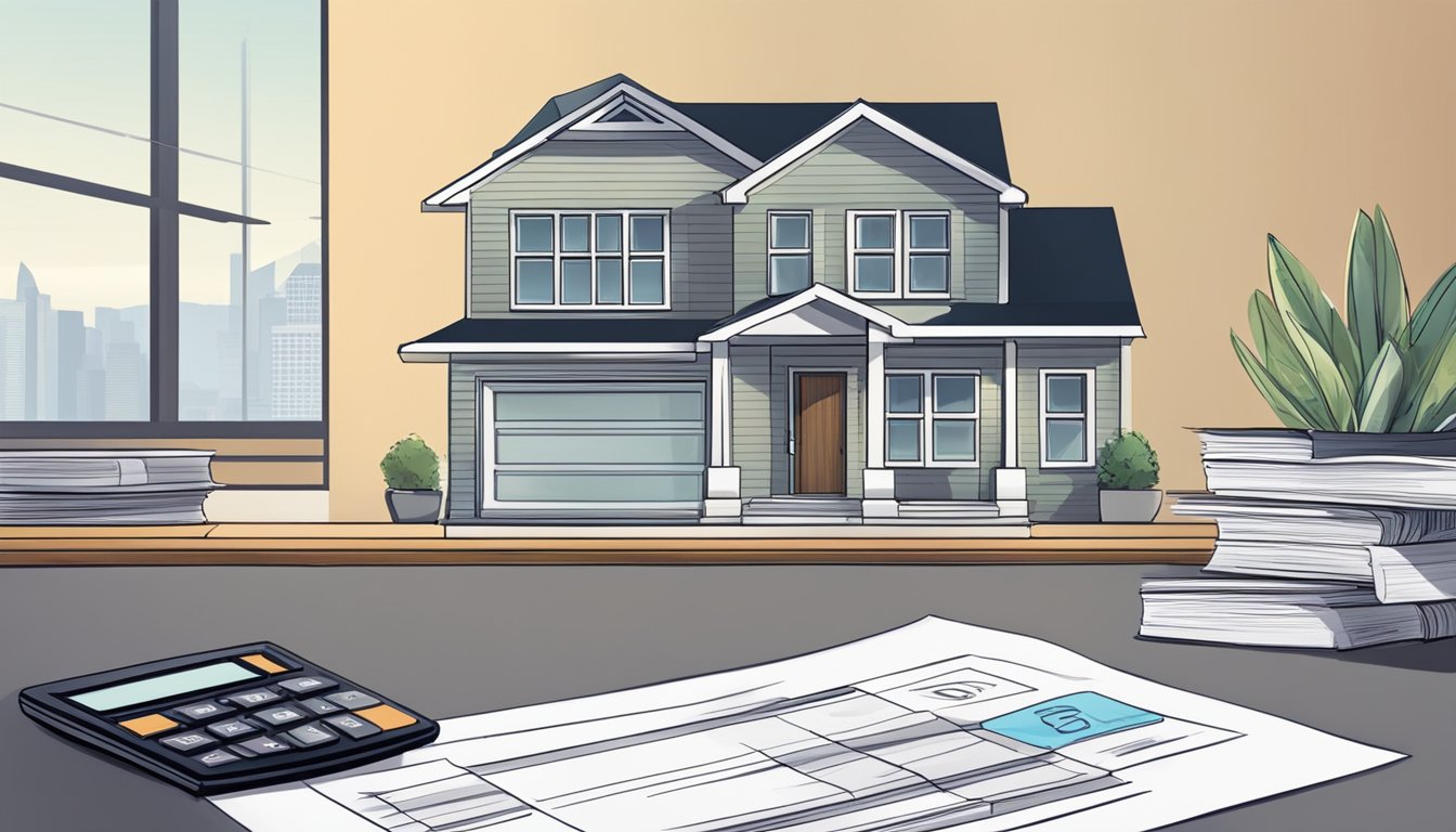 A modern home with a DBS logo on a sign, surrounded by financial documents and a calculator. The words "Home Equity Income Loan" prominently displayed
