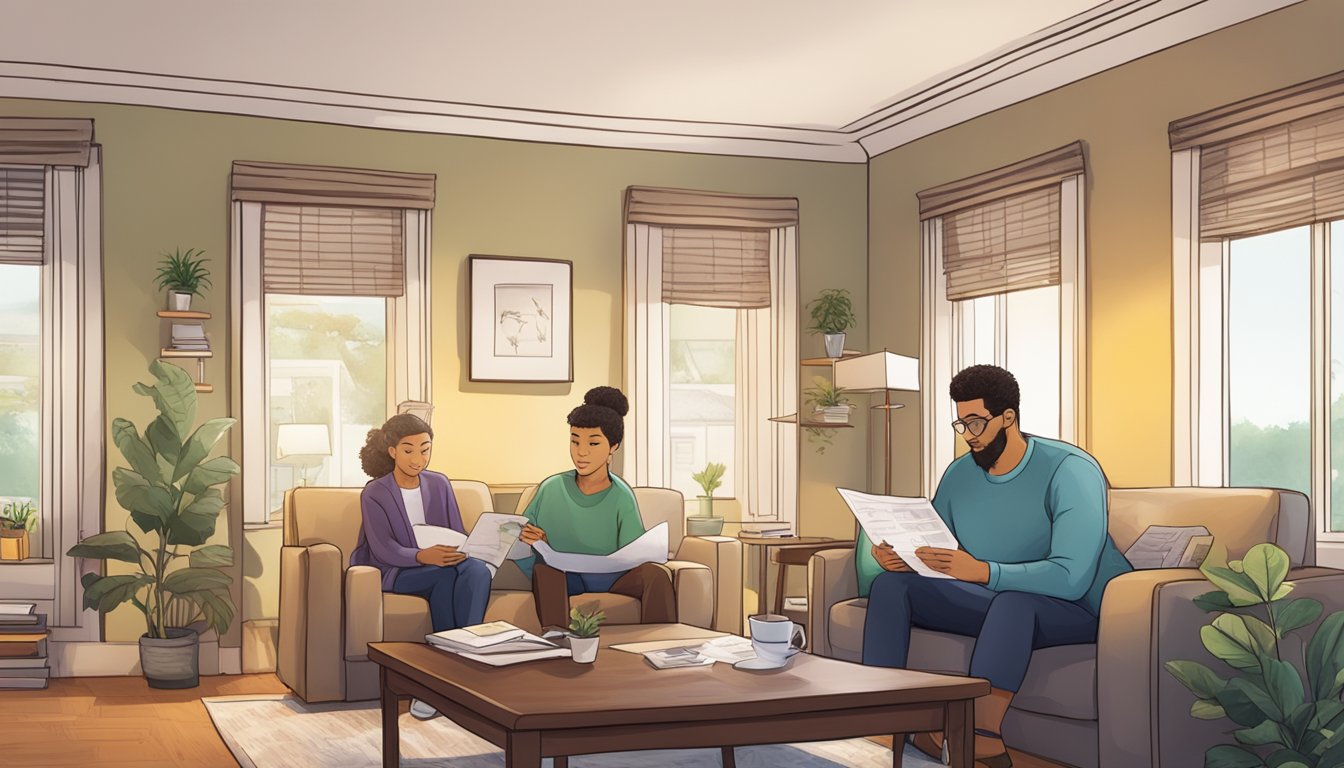 A cozy living room with a family discussing financial options, a calculator and paperwork on the table, and a prominent DBS logo in the background