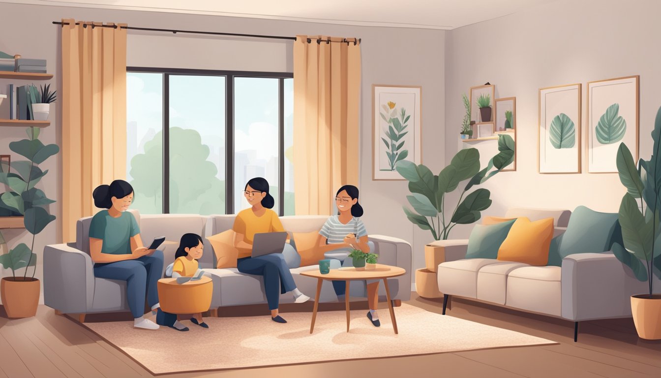 A cozy living room with a family sitting together, discussing home payment care and insurance options for their new HDB flat in Singapore