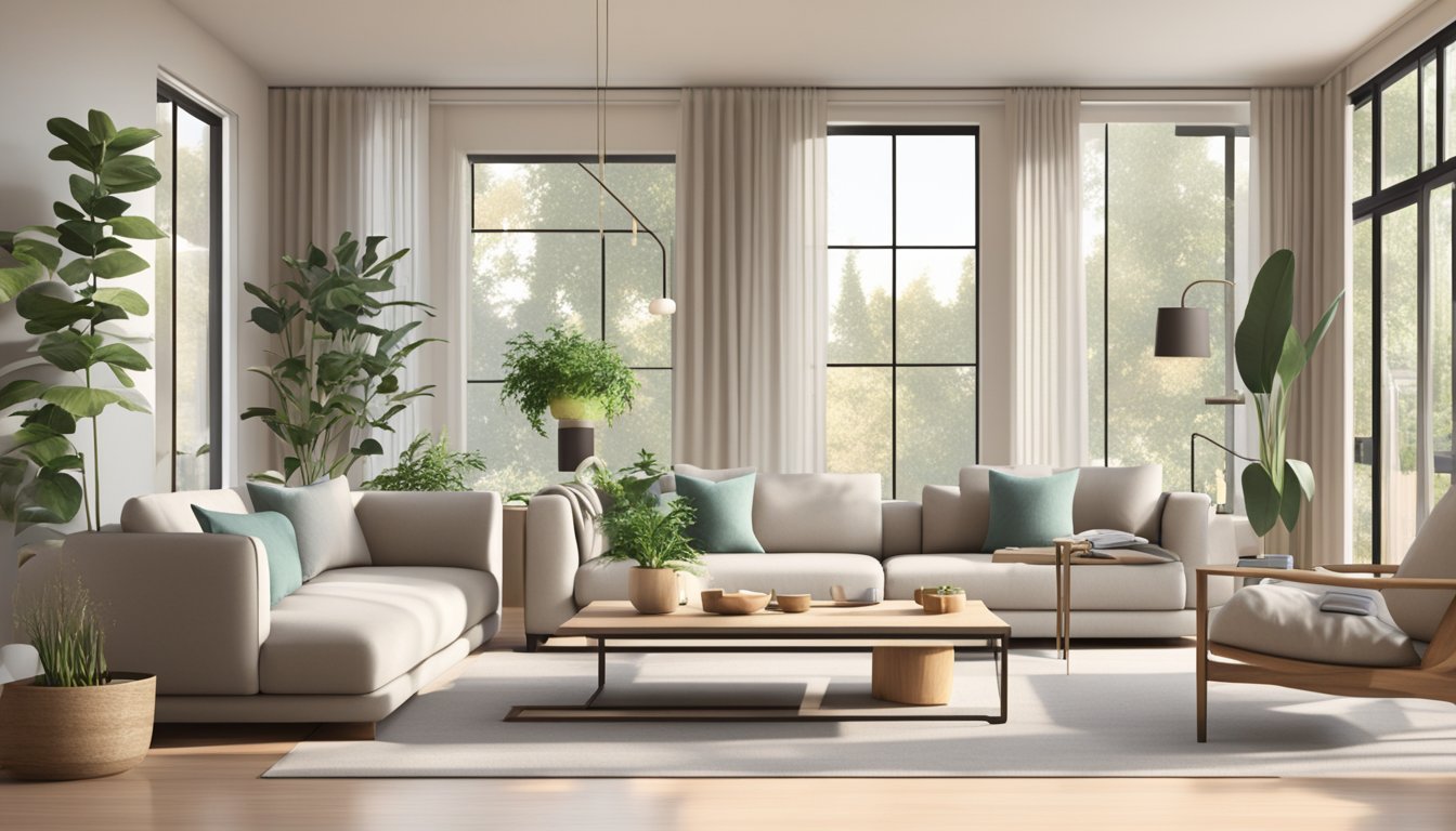 A cozy living room with minimalist furniture, neutral colors, natural light, and clean lines. A fireplace and a few plants add warmth and life to the space