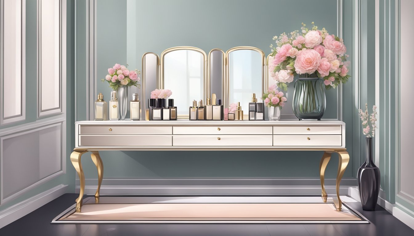 A sleek dressing table with a large mirror sits against the wall, adorned with a vase of fresh flowers and a collection of elegant perfume bottles