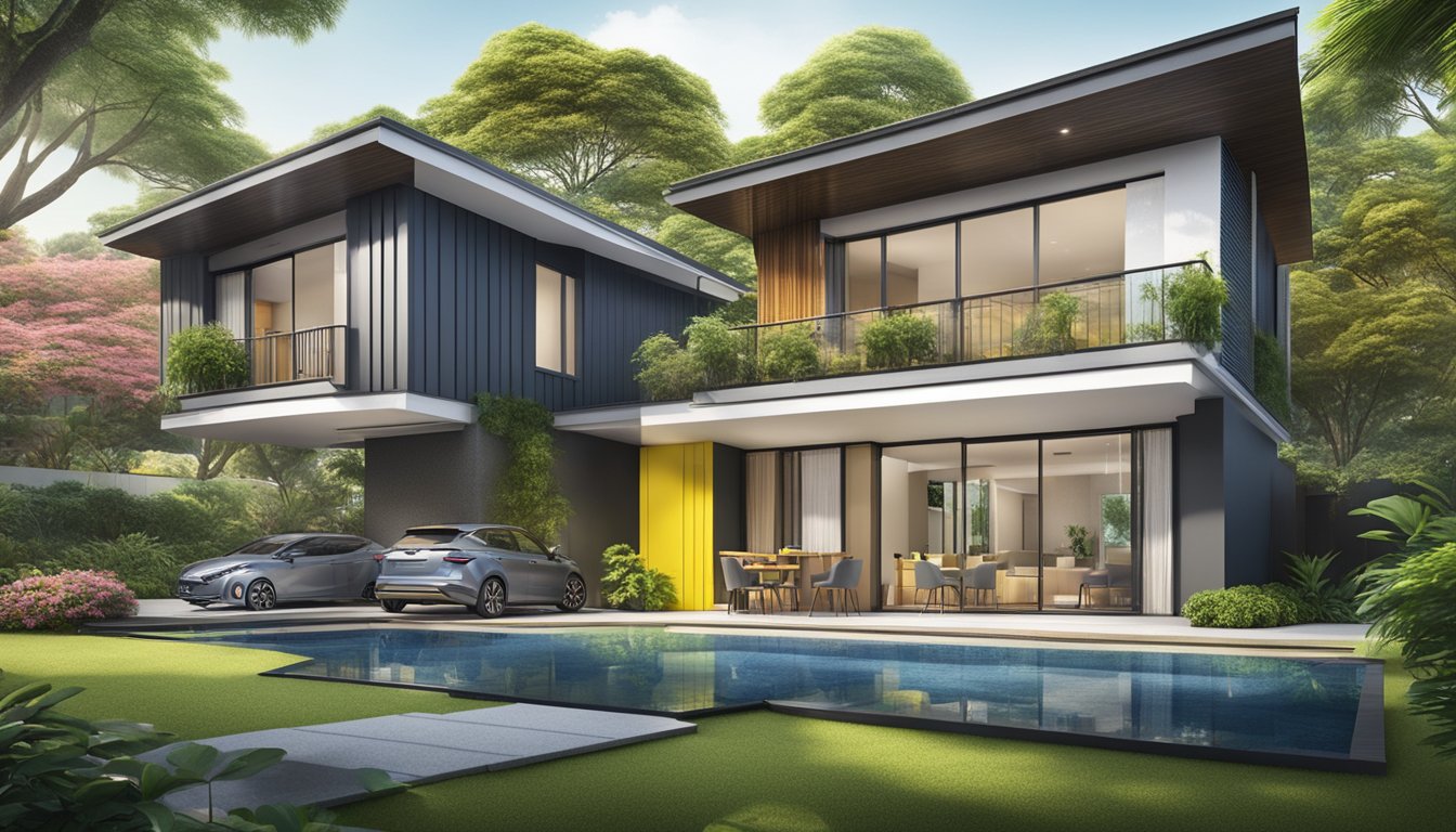 A modern, eco-friendly house stands out among traditional homes, symbolizing Maybank's innovative approach to private property home loans in Singapore