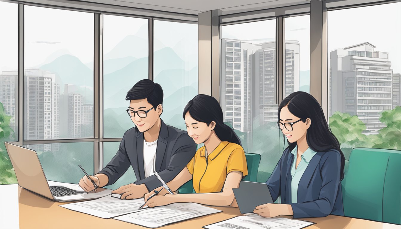 A couple signing loan documents at a bank, with a HDB flat in the background and a DBS logo prominently displayed