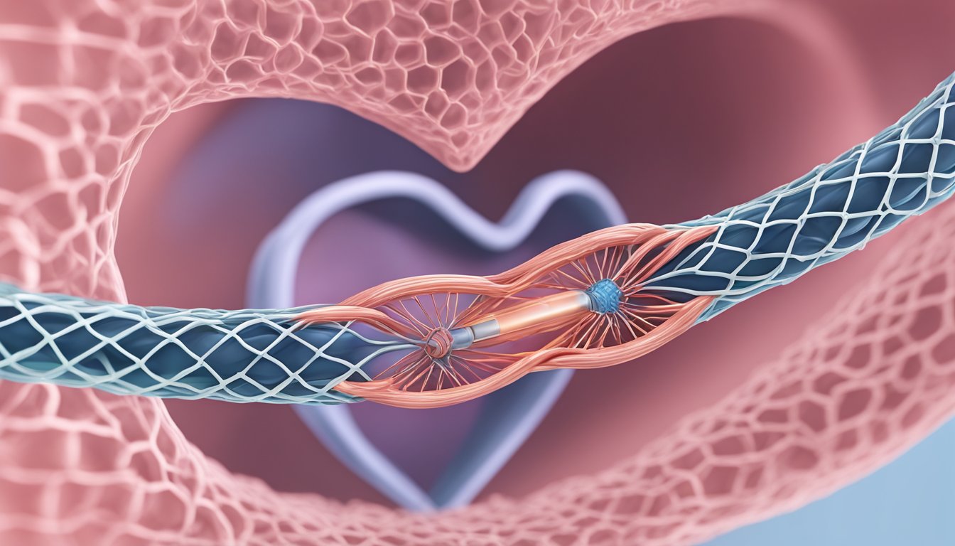 A stent is inserted into a heart artery. It is a small, mesh-like tube with a flexible design to keep the artery open