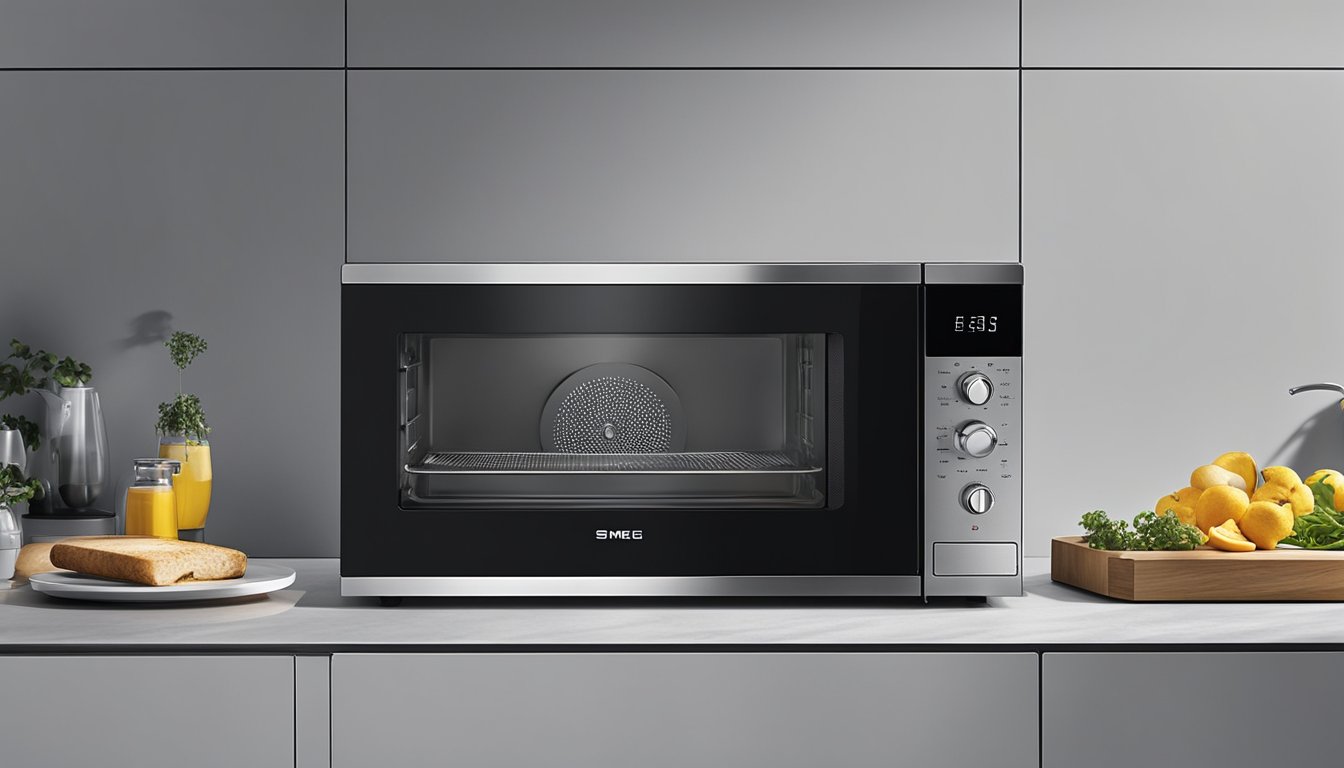 A Smeg microwave with sleek design and digital display, featuring innovative touch controls and advanced cooking modes