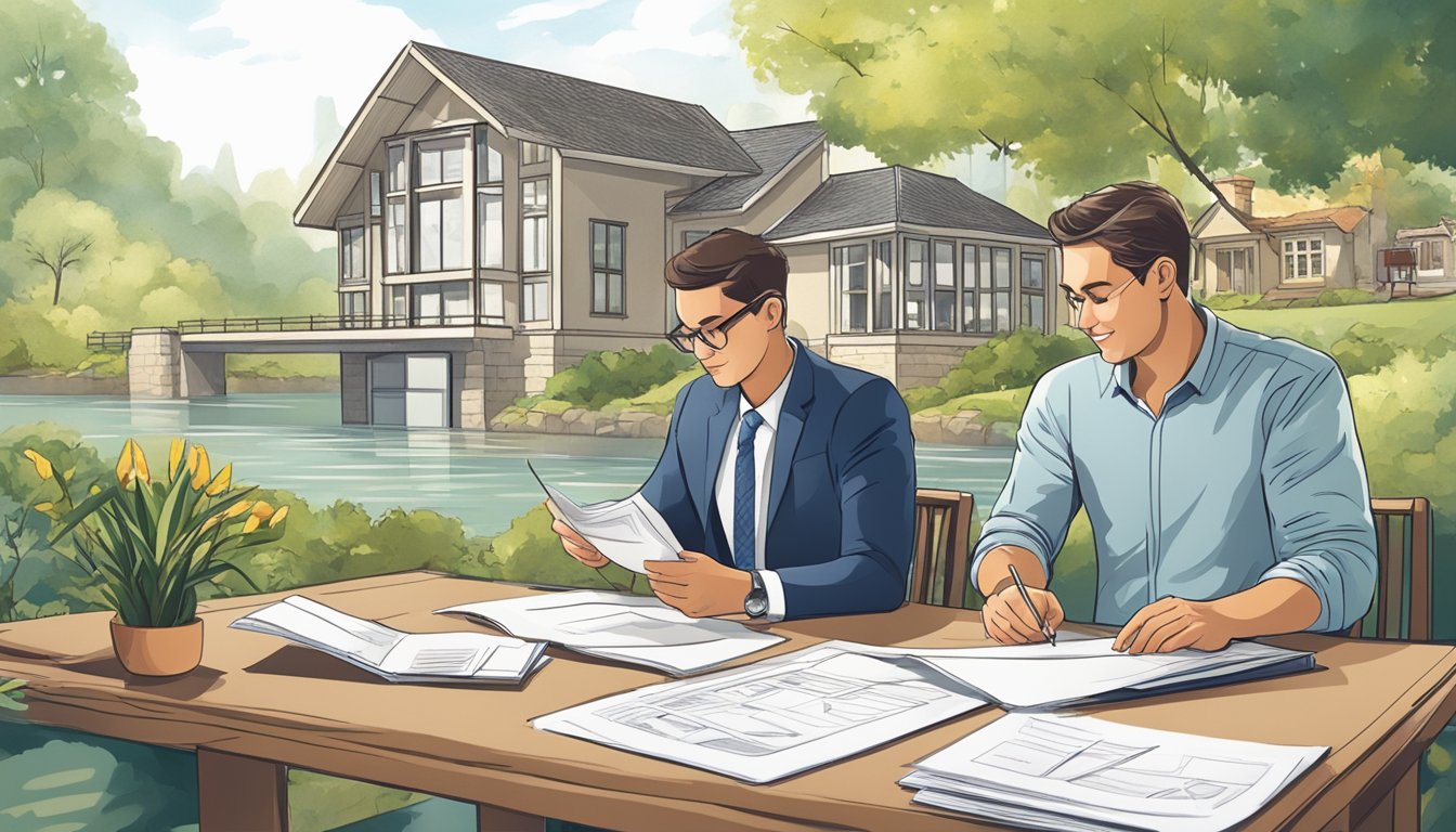 A couple sits at a table, reviewing documents with a bank representative. A house and a bridge are depicted in the background, symbolizing the bridging loan