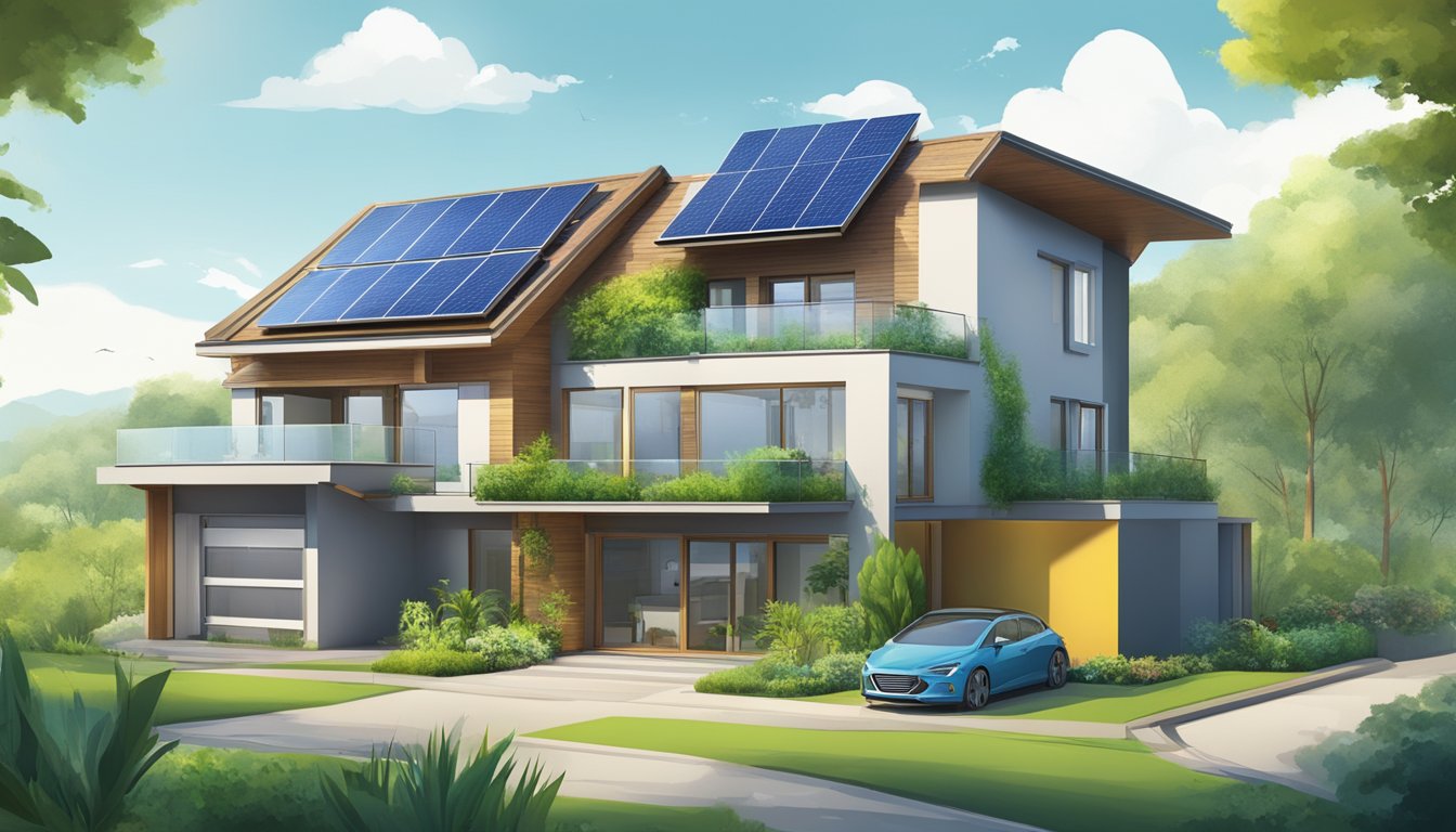 A modern, eco-friendly home surrounded by lush greenery, solar panels on the roof, and a rainwater harvesting system