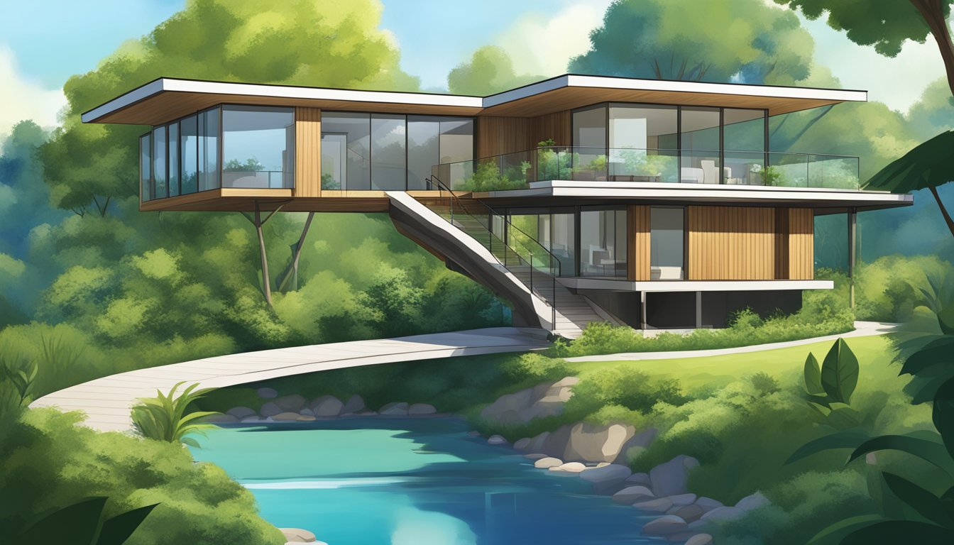 A modern home with a bridge connecting two sides, surrounded by lush greenery and a clear blue sky