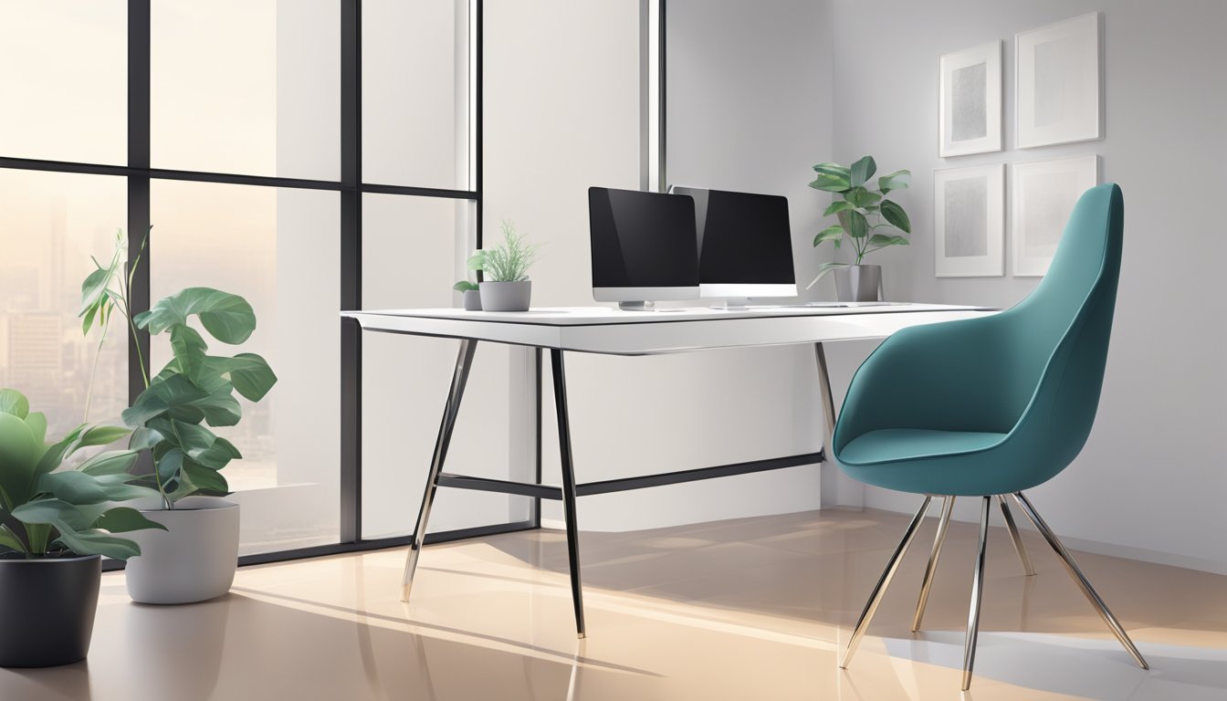 A sleek, modern desk with clean lines and a minimalist design. It features a smooth, glossy surface and slim, metallic legs