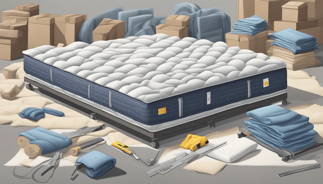 A mattress being disassembled with tools, separating the fabric, foam, and metal springs into separate piles for recycling