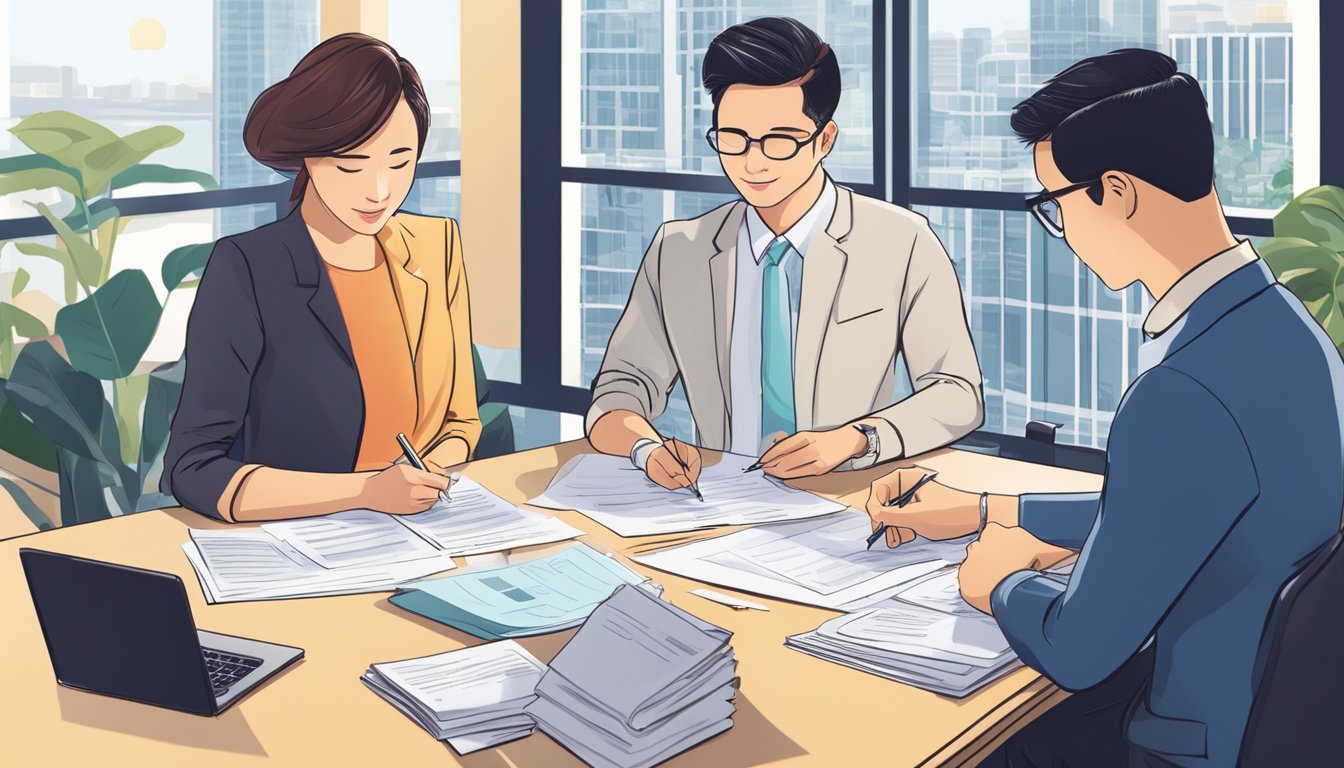 A couple signs paperwork at a bank, surrounded by real estate documents and a key, symbolizing the finalization of their home purchase with a DBS New Home Loan for an HDB flat in Singapore