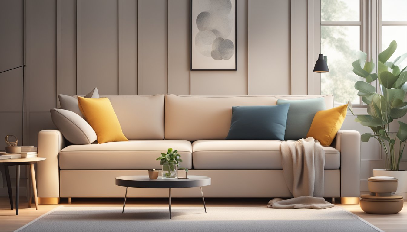 A modern sofa bed with built-in storage sits in a cozy living room, with soft lighting and a clean, contemporary design