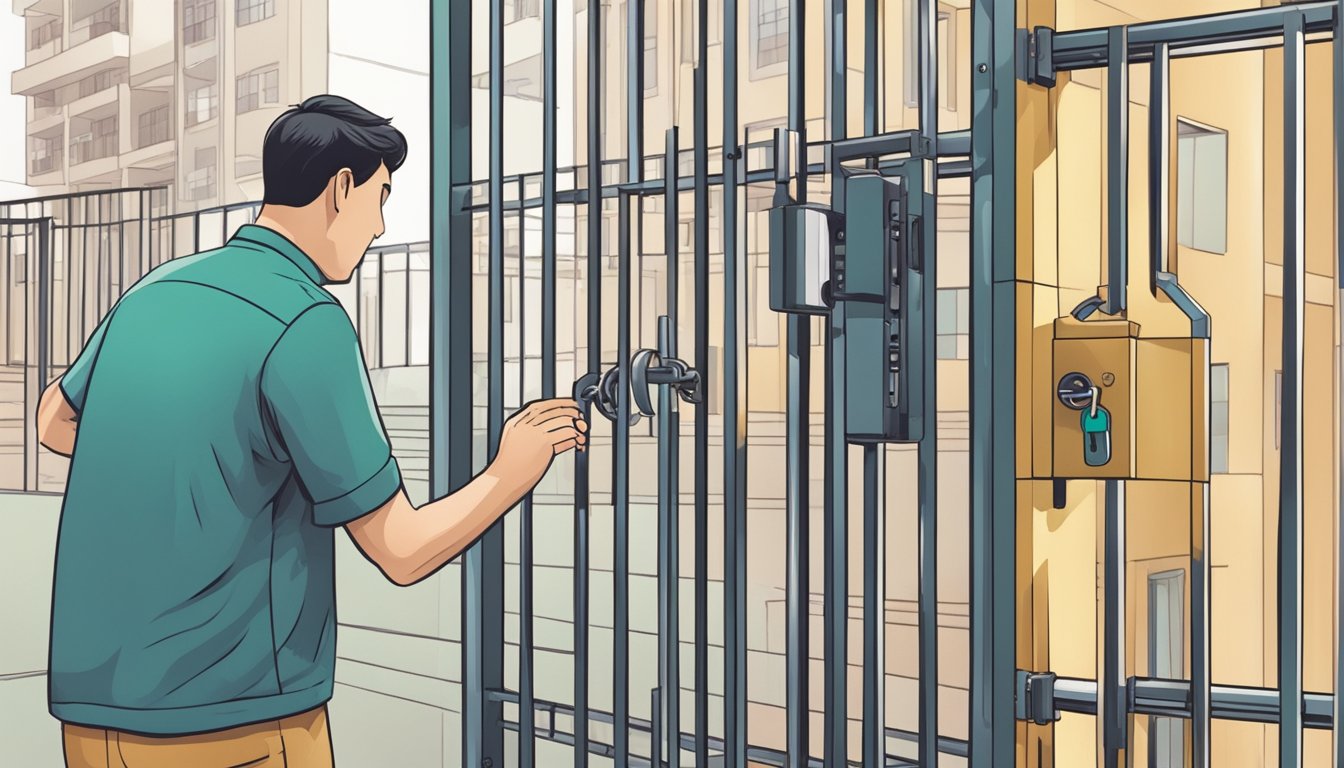 A person using a key to unlock and open an HDB gate