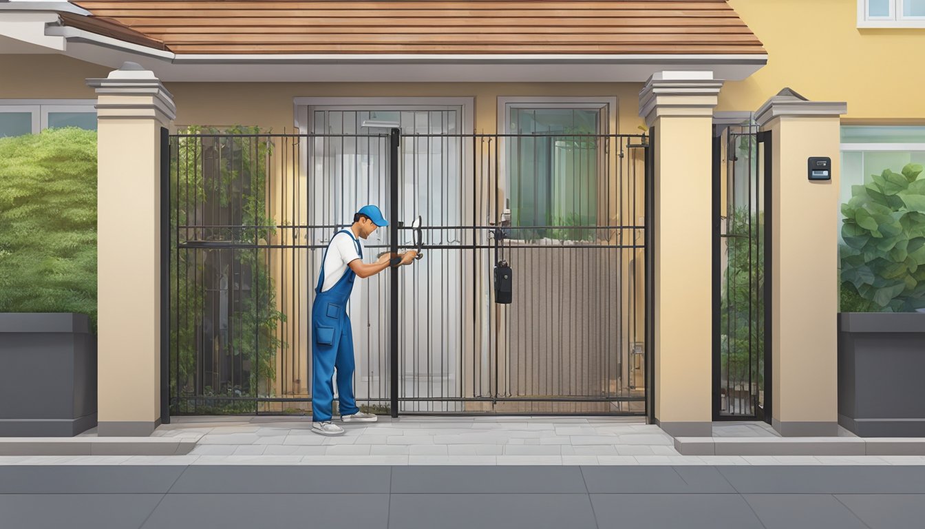 A locksmith removes an HDB gate, then installs a new one